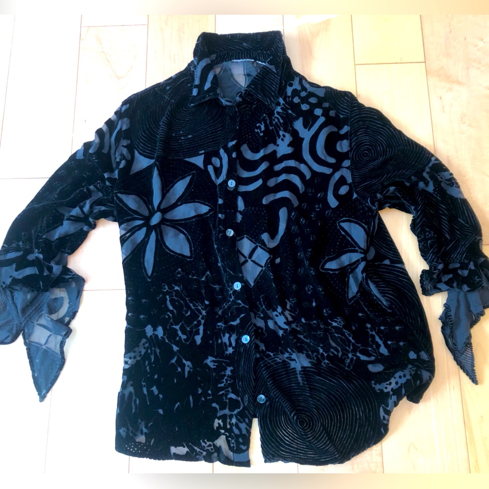 Black evening shirt. Burnt velvet on silk